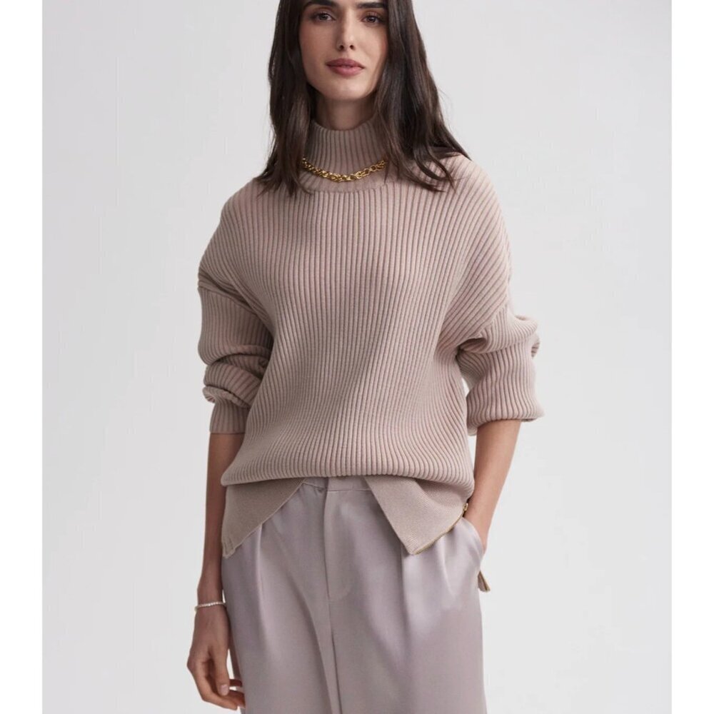 Varley Mayfair Mock Neck Knit Sweater in Cement Beige Women’s Size M Q5